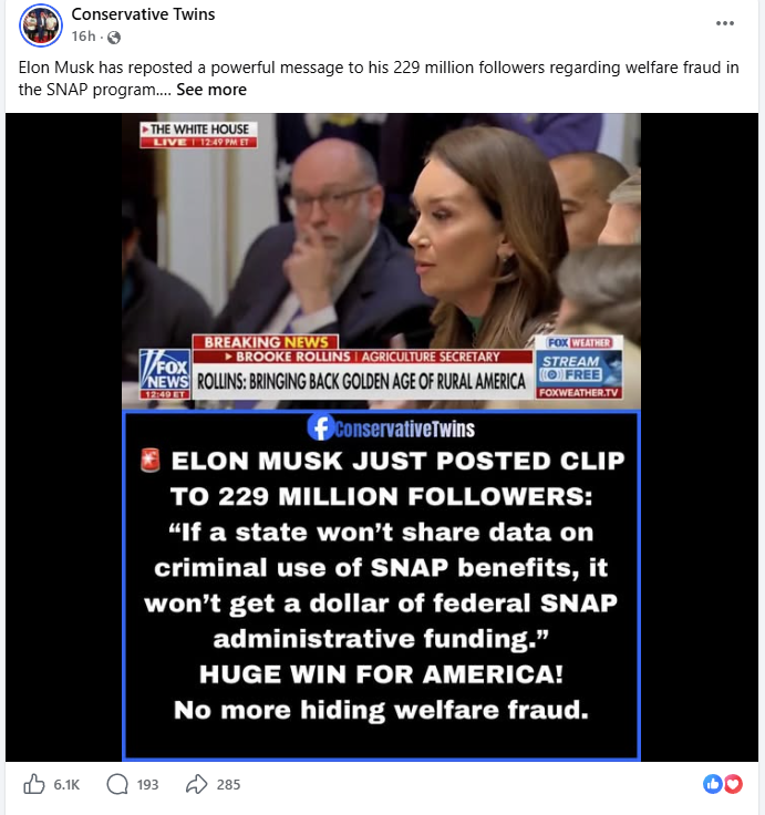 Conservative Twins, a real conservative media Facebook page, posting an image with bold overlay text and a context-rich caption. 6.1K reactions, 193 comments, 285 shares on a single post. This is the format that wins in this niche — image with overlay, native engagement, no outbound link.