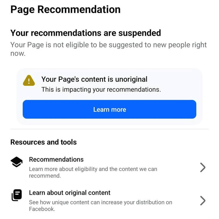 What the wrong end of the originality score looks like. Facebook's Page Recommendation panel showing “Your recommendations are suspended” because the page’s content is flagged as unoriginal. Pages that land here lose distribution faster than any other compliance issue in this niche.