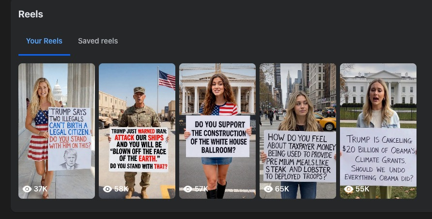 Reels gallery on a conservative media page - individual Reels at 37K, 56K, 52K, 68K, and 99K views each. The follower count of the page is not the ceiling. The hook is. Every one of these Reels pulled views far beyond the page's existing follower base.